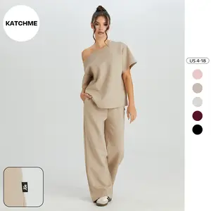 KatchMe Women's Casual Sloping Shoulder Short Sleeve Top & Drawstring Waist Wide Leg Trousers Co-ord, Basic Solid Color Two Piece Outfits, Soft Womenswear