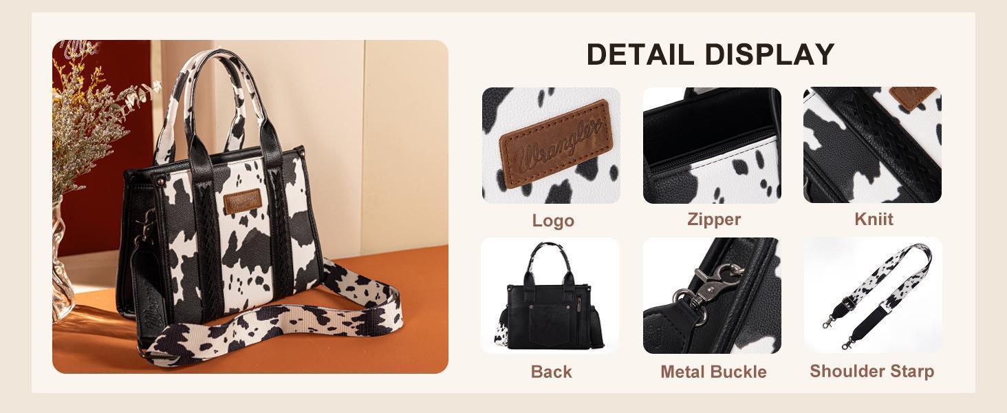Wrangler Cow Print Tote Bag Western Purse Boho Top Handle Stachel Handbag with Guitar Strap