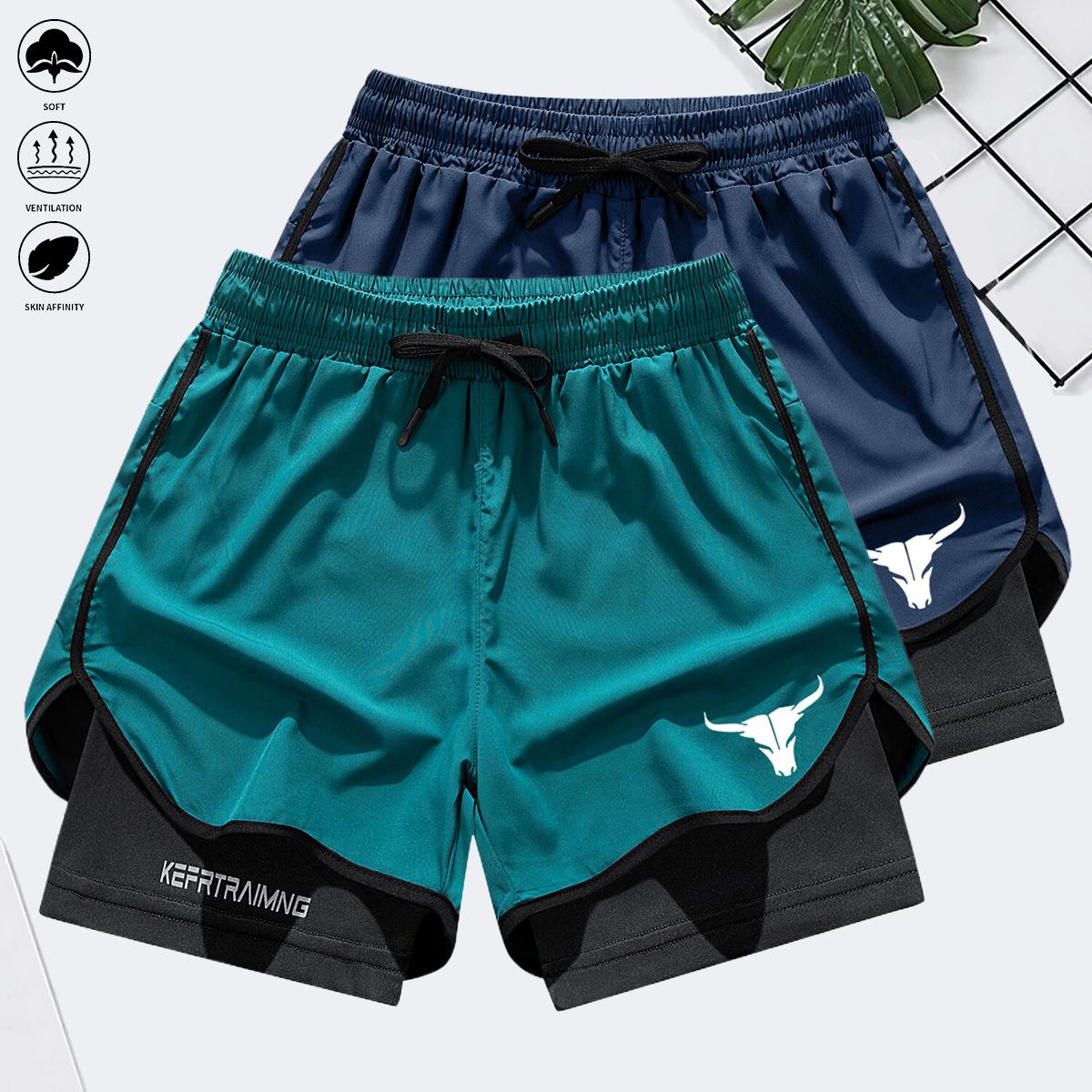 Men's two-in-one letter and bull head print double-layer drawstring waist sports shorts, quick-dry sports shorts, designed for sports, suitable for fitness and marathon training, featuring a double-layer lining. Elastic Drawstring Jogger Shorts