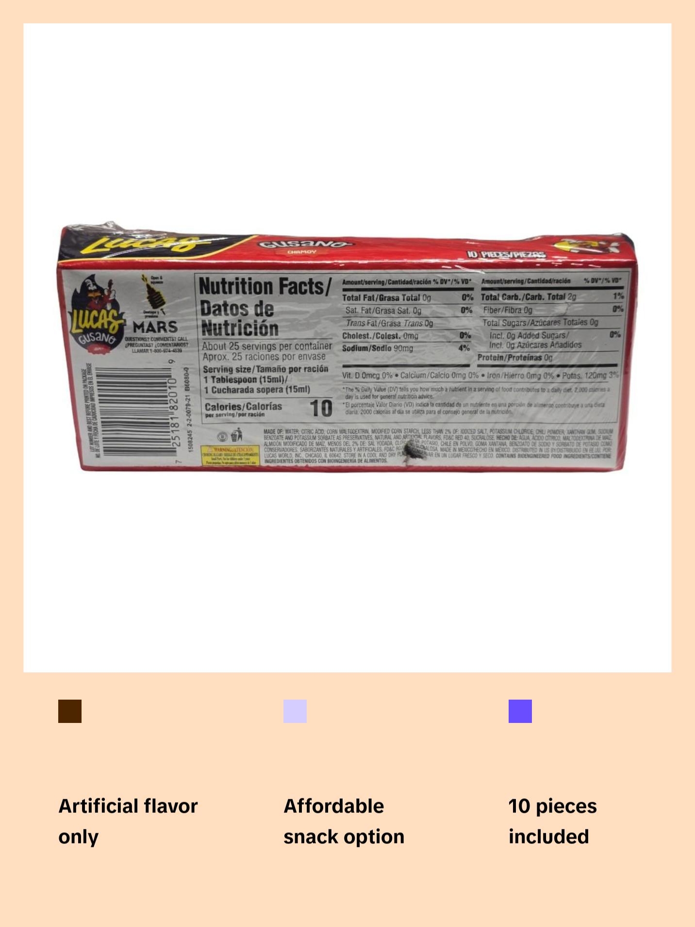 Lucas Gusano Chamoy Candy Snack, 10 Pieces of 1.26oz Each