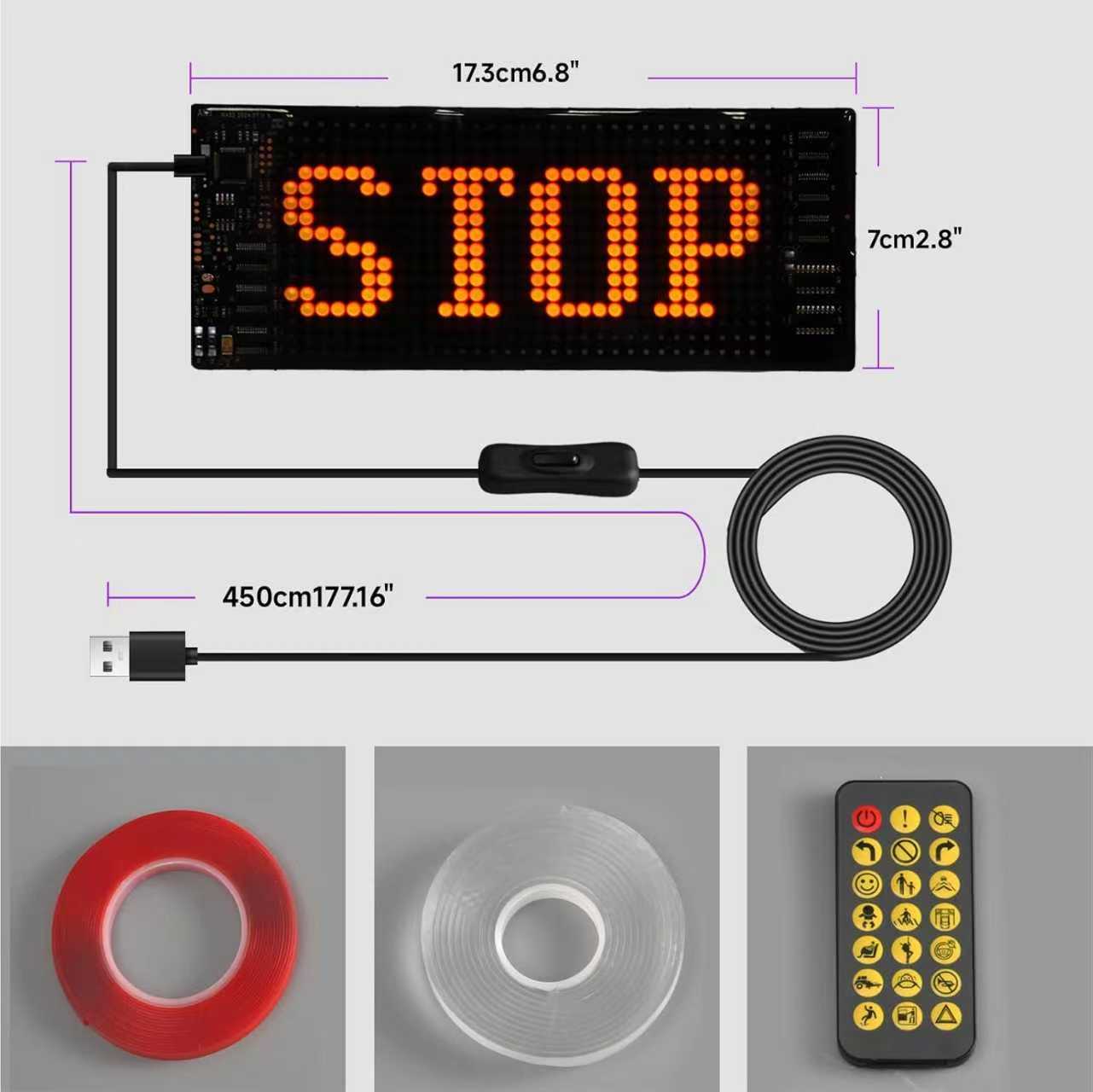 MasterAkoh Programmable Scrolling LED Car Sign, Flexible USB 5V Digital Light Display, 7''*3'' &15''*4'' two sizes, Bluetooth App Control Custom Text Animation for Store Taxi Counter Booth Advertising