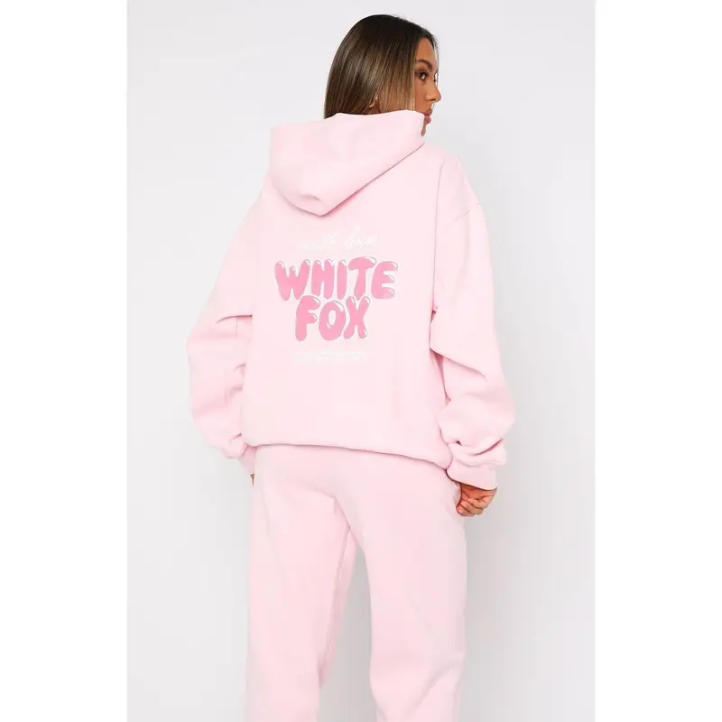 White Fox With Love Always Oversized Hoodie Baby Pink