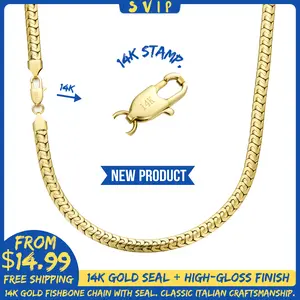 14K Real Gold-Plated Herringbone Chain Necklace for Men – Flat Fishbone Design, Waterproof & Tarnish-Free, Italian-Style Luxury Neck Chain