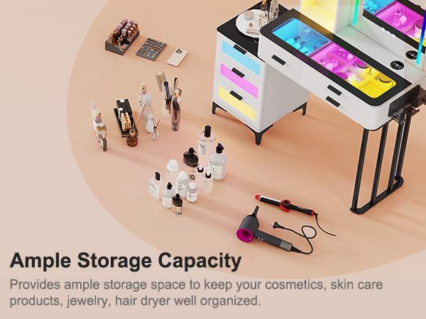 Miu Vanity Set with 24-Color RGB Lights, Wireless Charging, 6-Drawer Chest & Large Storage Furniture Organizing Square Mirror Miu Vanity Set with 24-Color RGB Lights, Wireless Charging, 6-Drawer Chest & Large Storage Furniture Organizing Square Mirror