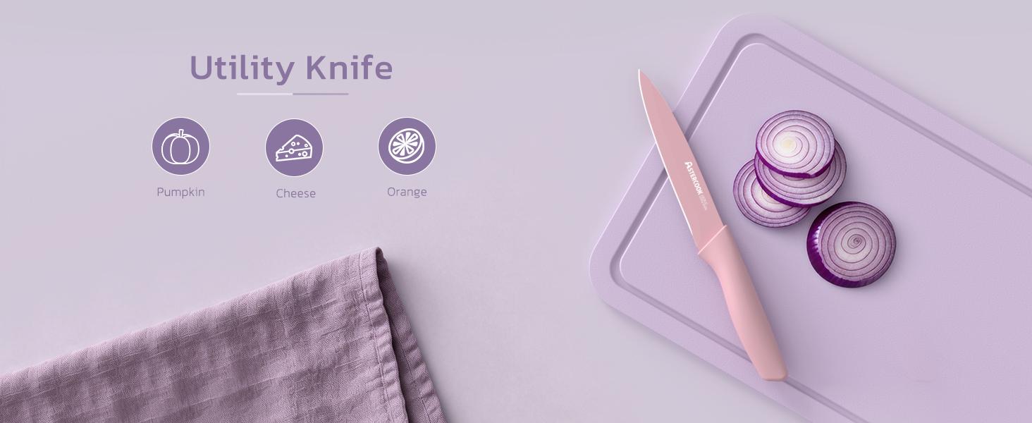 【Valentines Day Sale】Astercook 7-Piece Kitchen Knife Set – Valentine’s Day Gift for Her, Healthy Anti-Rust Coated Stainless Steel Knives, Dishwasher Safe, Chef Knife Set with 6 Blade Guards, Elegant Purple