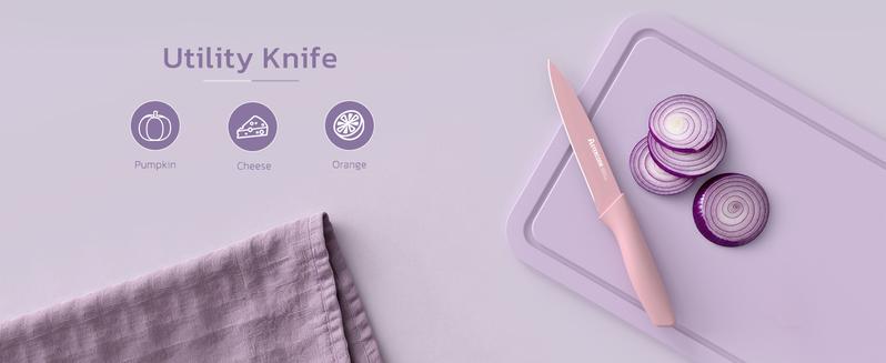 【Valentines Day Sale】Astercook 7-Piece Kitchen Knife Set – Valentine’s Day Gift for Her, Healthy Anti-Rust Coated Stainless Steel Knives, Dishwasher Safe, Chef Knife Set with 6 Blade Guards, Elegant Purple