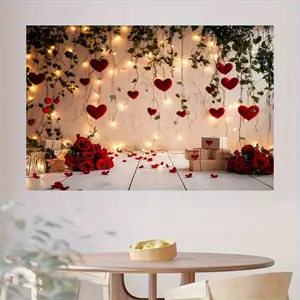 Romantic Valentine's Day backdrop, featuring heart elements, with twinkling heart-shaped lights in rose color, creating a warm and romantic festive atmosphere, and a party banner.