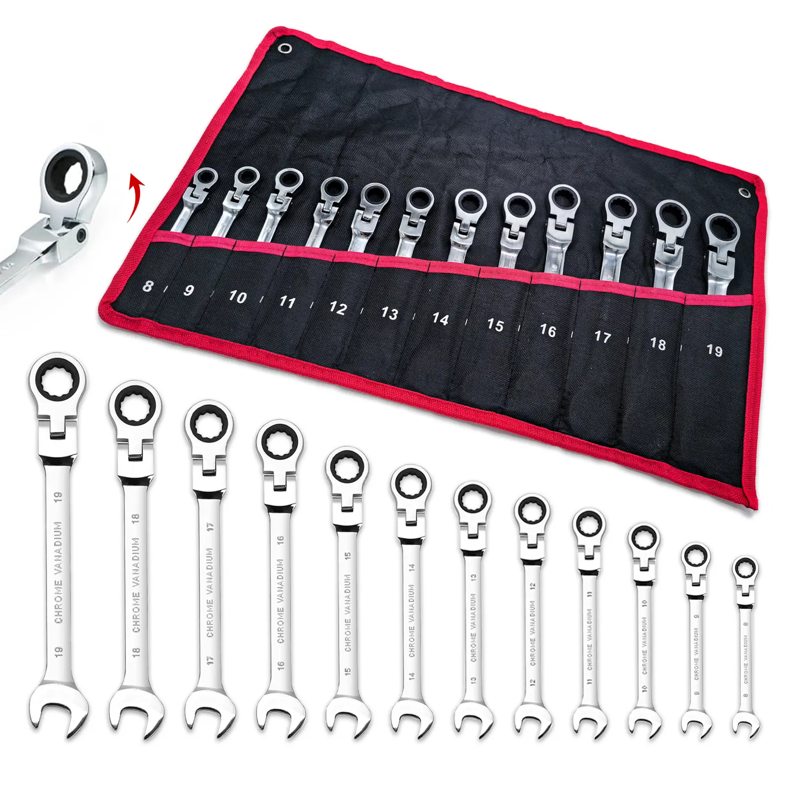 12-Piece Metric Flex Head Ratcheting Combination Wrench Set (8mm-19mm Metal), Chrome Vanadium Steel, Bright Full Polish Chrome Finish, Black Nylon Case, Safe Design, Flexible Use, for Auto Repair, Routine Maintenance, Practical Gift Option, Rubber Grip, R