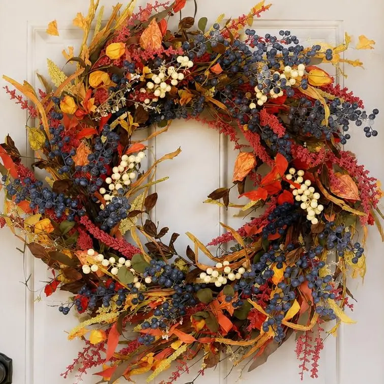 26-in Round Thanksgiving Fall Wreath with Hook Included, Berries & Leaves Decor for Home Porch Wall (Fall Decor for Home), Room Decor