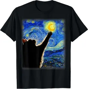 Starry Night Cat Van Gogh Cat Lover Dad Unisex 100% Cotton T-Shirt Black Casual Round Neck Short Sleeve - Fit