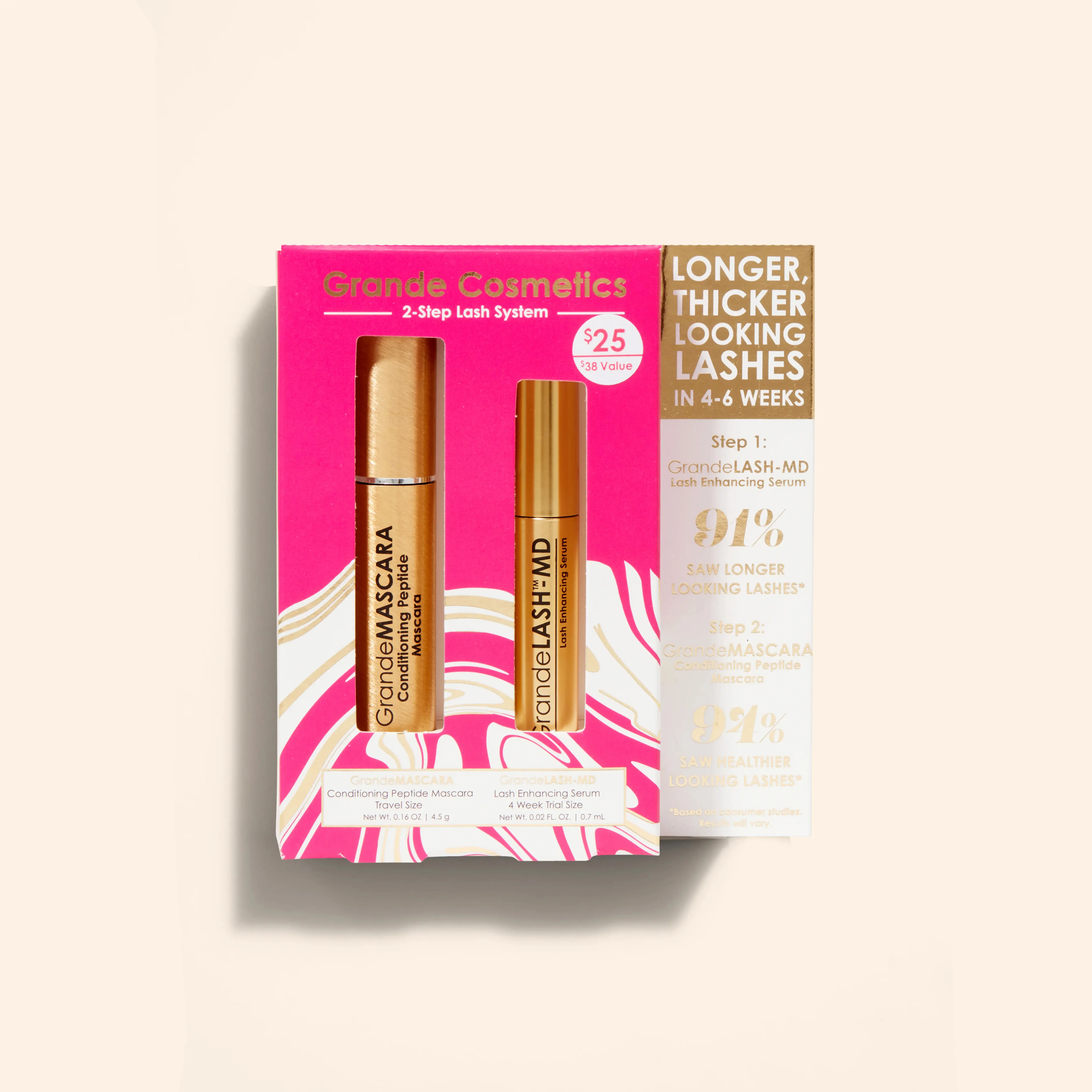 2-Step Lash System - Grande Cosmetics - Longer, Thicker Looking Lashes in 4-6 Weeks - Peptide & Serum Formula - Lengthening Mascara Kit Makeup
