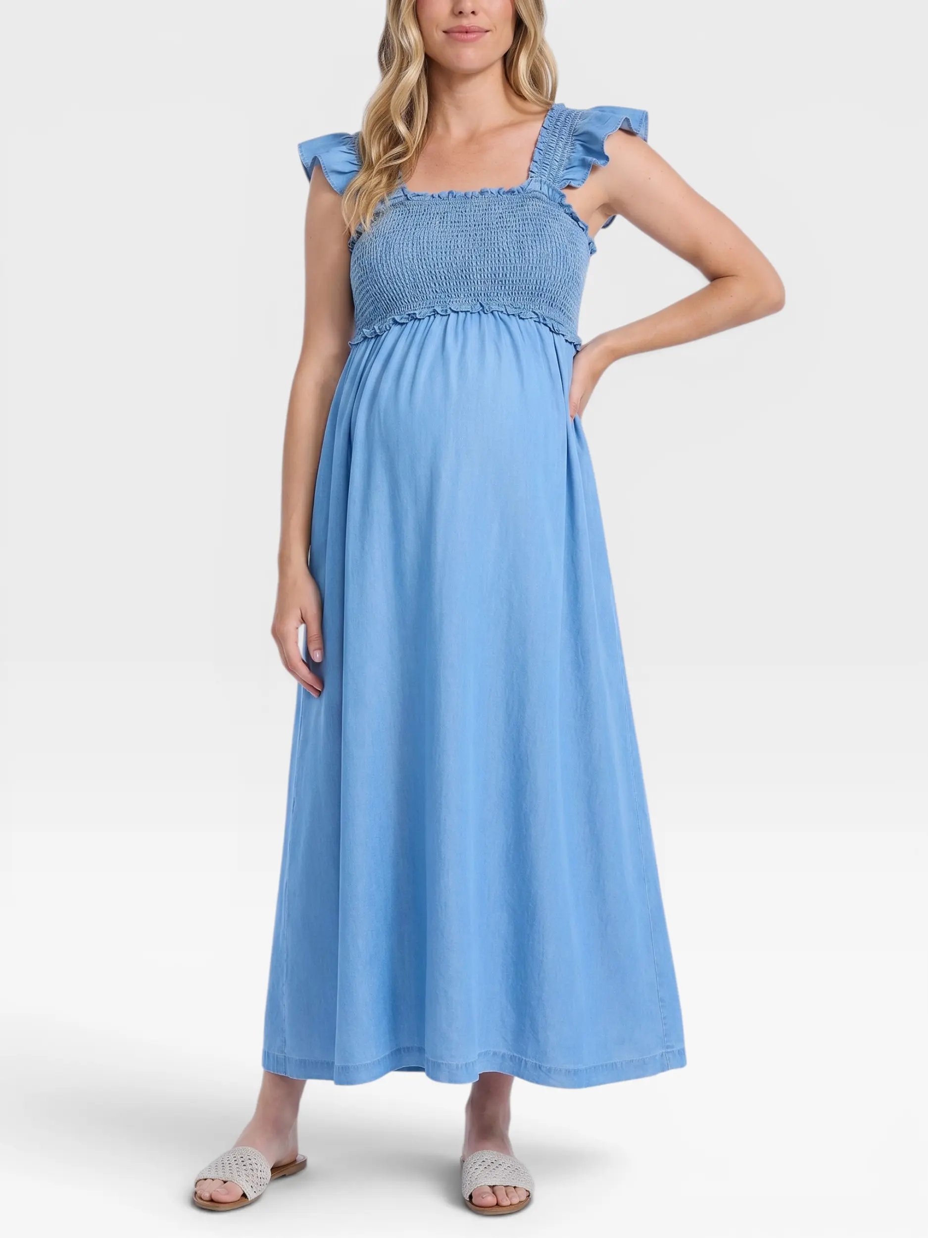 Motherhood Maternity Sleeveless Ruffle Shoulder Smocked Maxi Dress for Pregnancy - Comfortable & Stylish