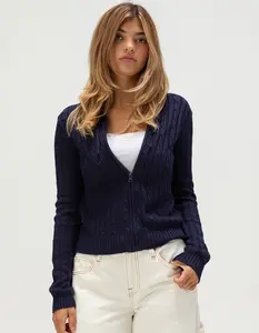 LOVE TREE Womens Zip-Up Hooded Cable Knit Sweater