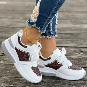 Women Wedge Sneakers Geometric Print Height Increasing Lace Up Low Top Casual Shoes Synthetic Upper PU Sole Fabric Lining Autumn Fashion Ladies urban gym training lifestyle activewear athletic footwear essential