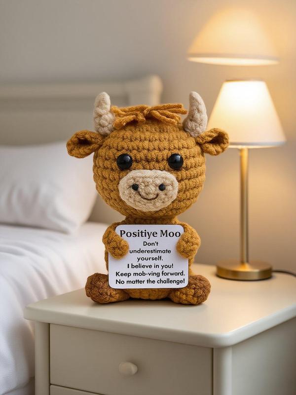 Positive Crochet Cow, Amigurumi Plush Toy, Motivational Bull Gift, Handmade Cow Stuffed Animal, Cute Desk Buddy, Uplifting Cow Decor