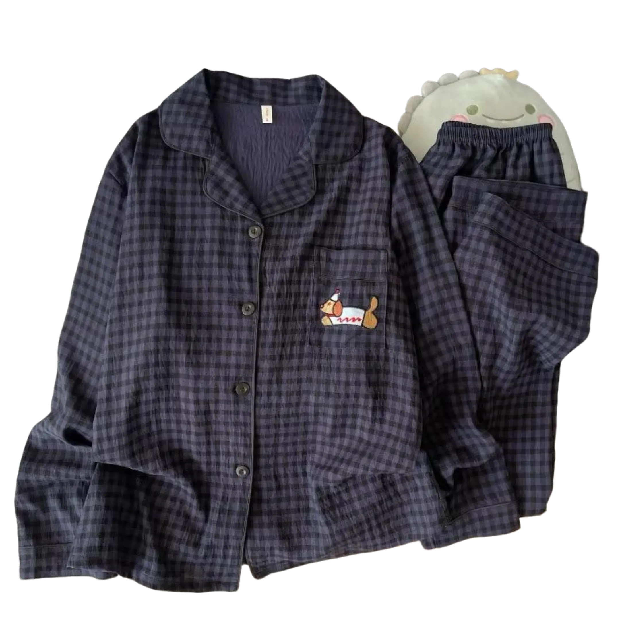 Embroidery Dog Vintage Plaid 2 Piece Suit Pyjama Femme Korean Style Casual Soft Fashion Women's Pajamas Autumn New Sleepwear