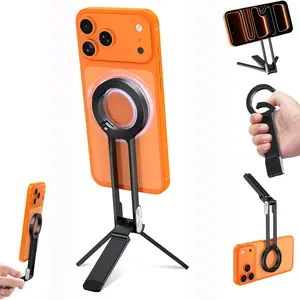 Phone Tripod Stand,Foldable Pocket Cell Phone Mount,Adjustable Travel Gym Selfie Stick Mini Tripod Handle Desktop Stand for MagSafe iPhone 17 16 15 14 13 12 11& All Smartphones,Black