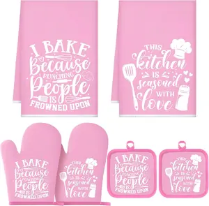 Sratte 6 Pcs Kitchen Decor Accessories Set Farmhouse Towels Pot Holders Oven Mitts Set 2 Dish Towels 2 Potholders 2 Cooking Mittens Oven Glove for Baking Cooking(Light Pink,Kitchen)