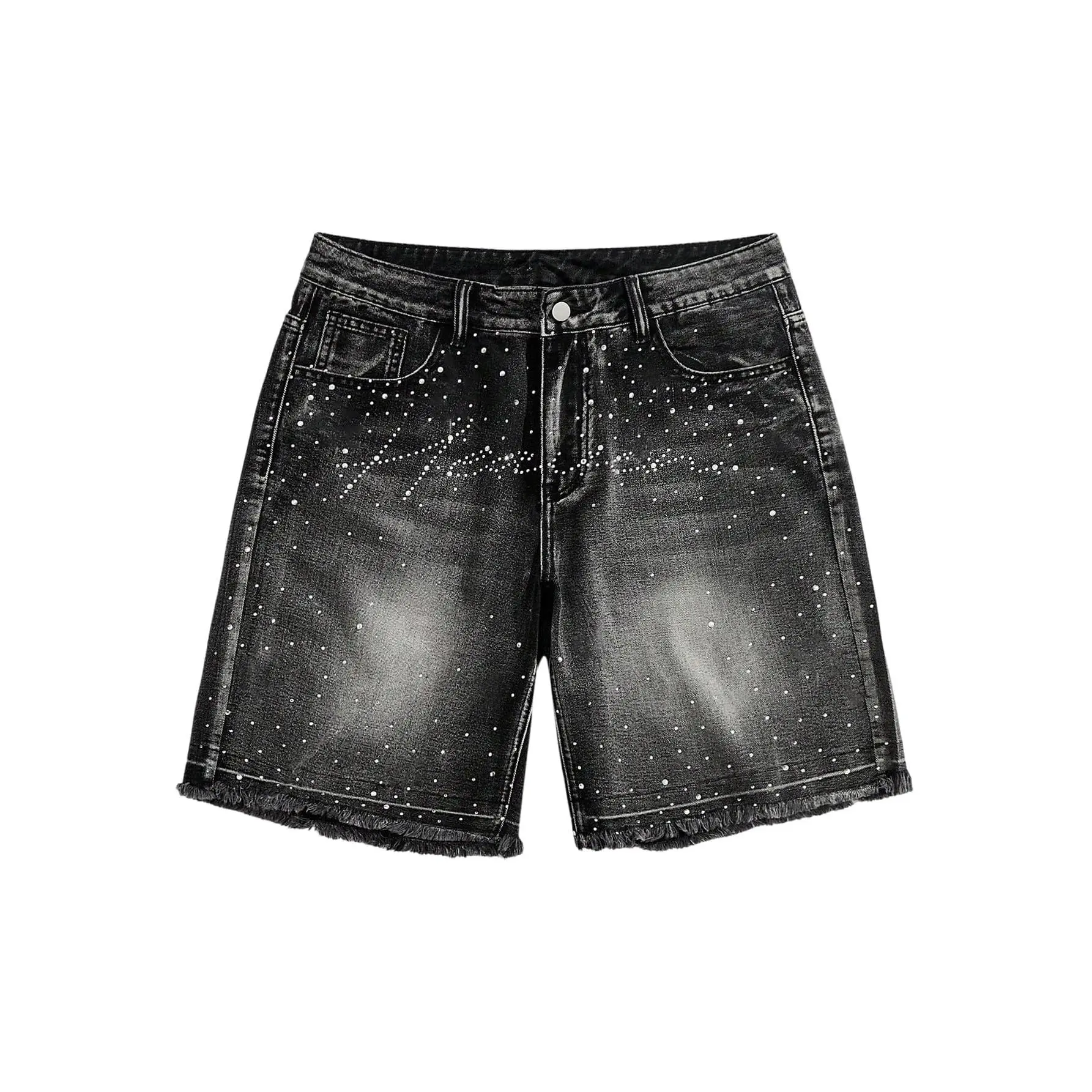 Glitter Rhinestone Denim Shorts Frayed Raw Hem Straight Leg Street Jean Shorts