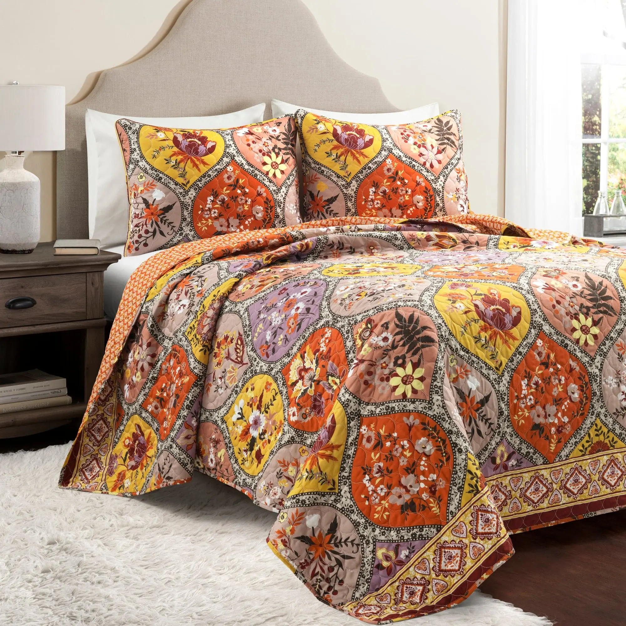 Lush Decor Bohemian Flower Cotton Quilt 3-Piece Bedspread Set - Reversible Decorative Bedding Set, Full/Queen & King Sizes, Floral Themed Bedroom Accent, Boho Bedding Set, Quilt Set Bedspread
