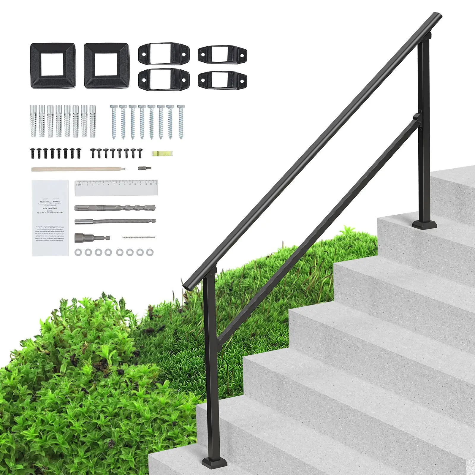 Black Square Tube Steel Outdoor Handrails for Seniors, Porch Deck Supports Stairs, 5-6 ft, 15.9 lbs, 68.1 x 3.3 x 36.2 in Metal Safety Handrail