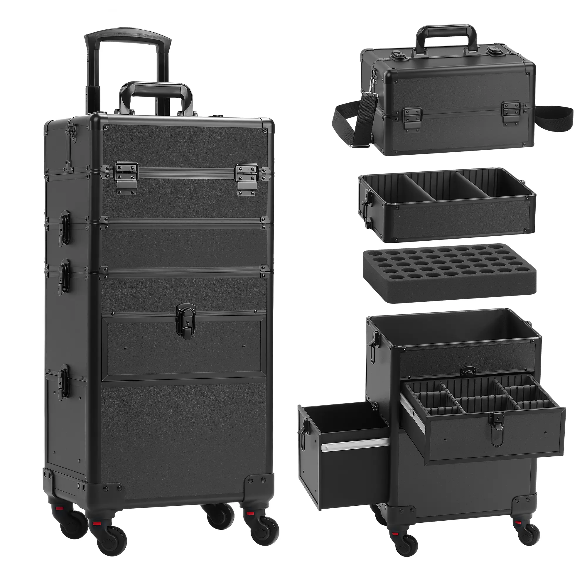 4 in 1 Detachable Modern Multi-Tiered Makeup Train Case with Drawers - Rolling Lockable Aluminum Frame Cosmetics Organizer on Wheels for Salon MUA