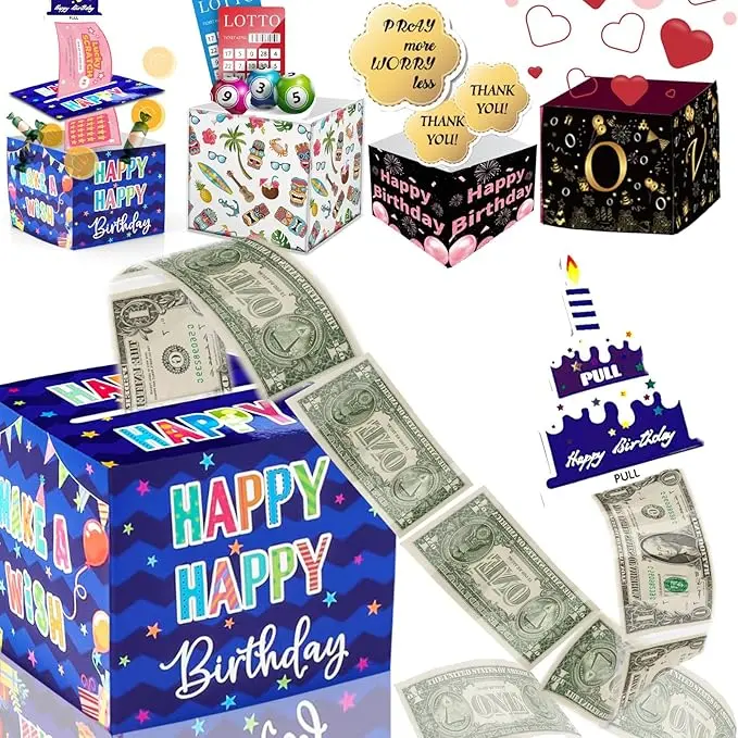 [New Deal] Birthday Money Box Surprise Money Roll Gift Box with Pull Out Card and 30 Transparent Bags DIY Set, Funny Ways to Give Money (Blue), Wedding, Unisex
