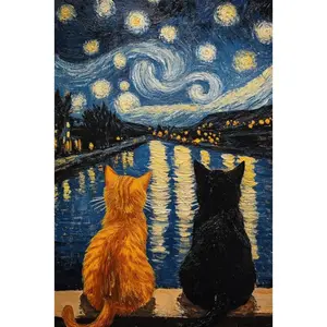 Starry Night Cat Diamond Painting Kit, Two Cats Gazing at River Lights 5D DIY Gem Art, Whimsical Craft for Cozy Home Wall Decor