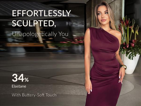 CurvySweet Women's Navy Blue One Shoulder Bodycon Midi Dress with Side Pleats & Built-In Shaping for Wedding Guest & Party gown formal womenswear SpringStatements Elegant Style