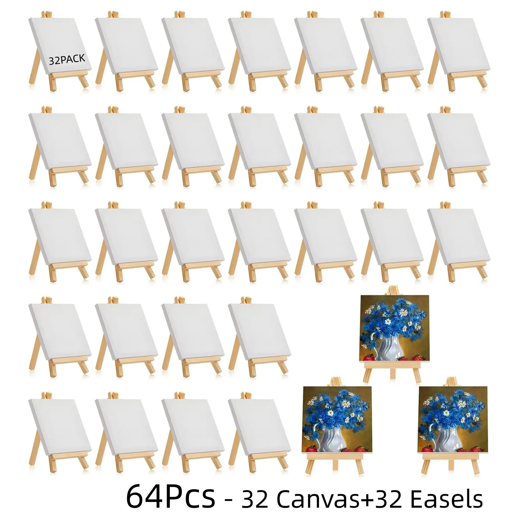 64Pcs 4x4in (10x10cm) Mini Canvases & Easels Art Crafting Kit - 32 Canvases, 32 Easels, for Oil, Acrylic, Watercolor, Beginners, Kids Classroom DIY Art Painting Supplies Gift, Outdoor Events, Art Sets