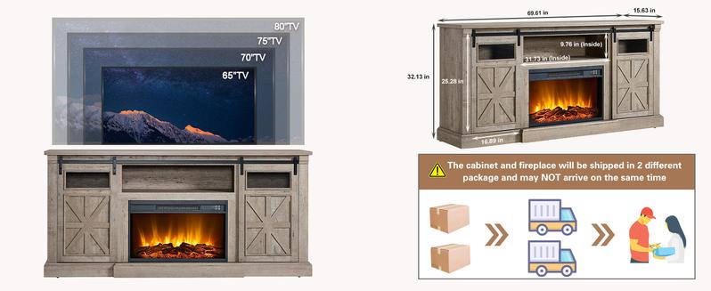 Fireplace TV Stand for up to 80 Inch TVs, 32’’ Tall LED Entertainment Center with Electric Fireplace, Farmhouse TV Console Table w/Sliding Barn Door & Window for Living Room, Rustic Gery