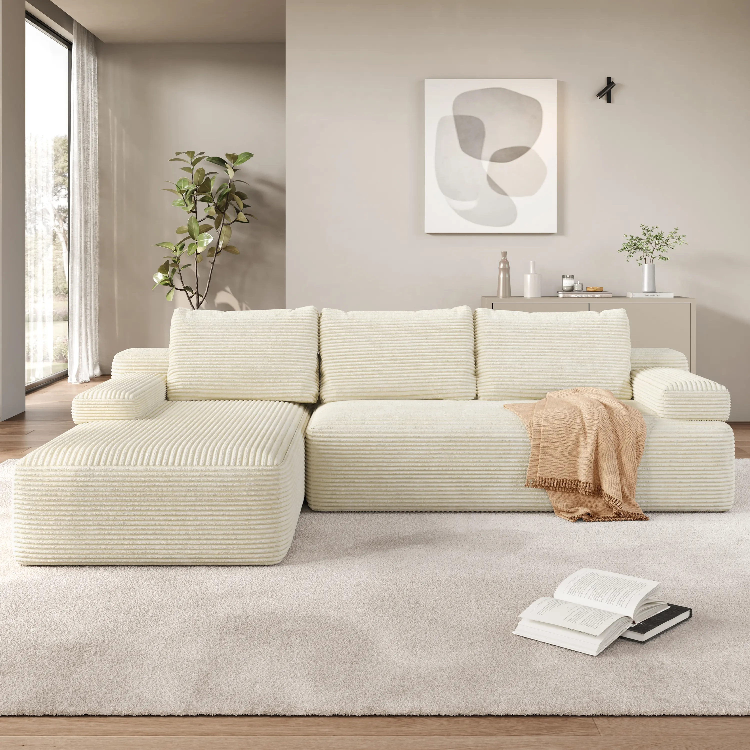 【2 packages】Yaheetech 110"W Compressed L-Shaped Modular Sectional Sofa with 2 Packages Corduroy Fabric Cloud Couch Boneless Foam Sleeper Oversized Deep Seat Removable Pillow Covers Pet-Friendly No Assembly for Living Room Apartment