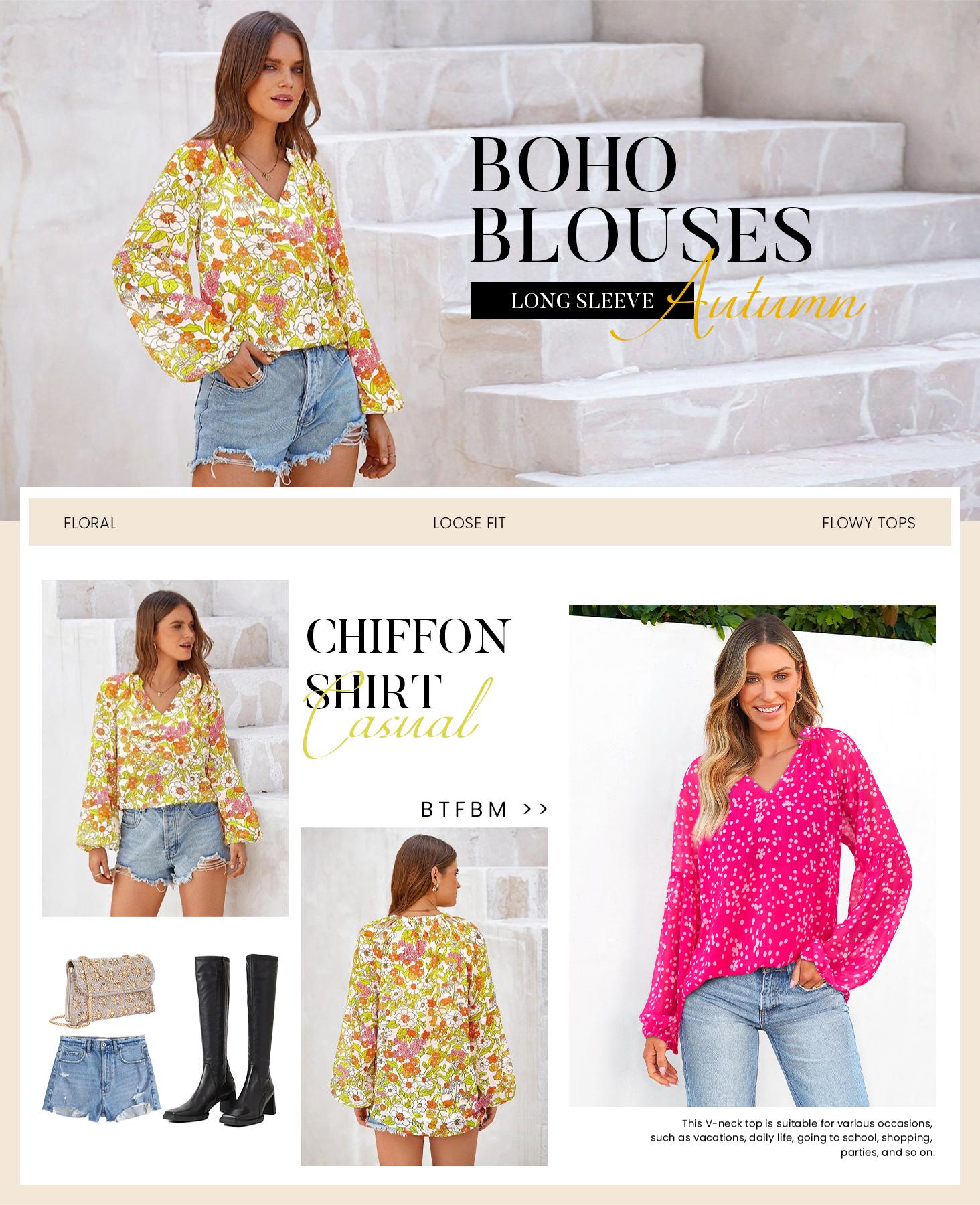 BTFBM 2026 Women's Casual Blouse Shirts V Neck Long Puff Sleeve Shirts Lightweight Chiffon Spring Summer Tops #Outdoorfun