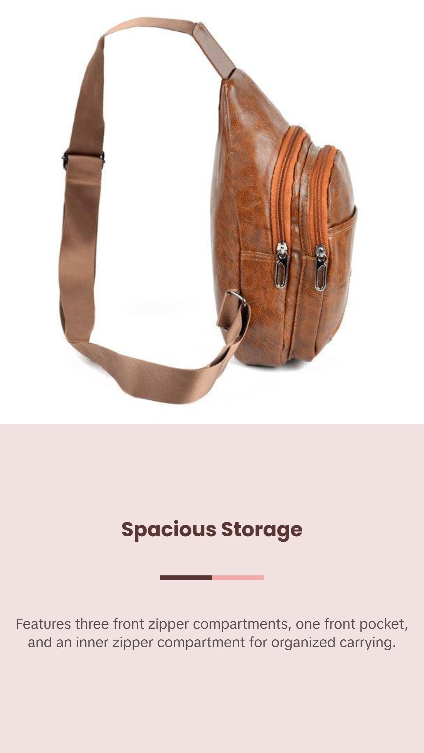 Brown Vegan Leather Crossbody Sling Bag - Multi-Pocket, Hands-Free Earphone Hole