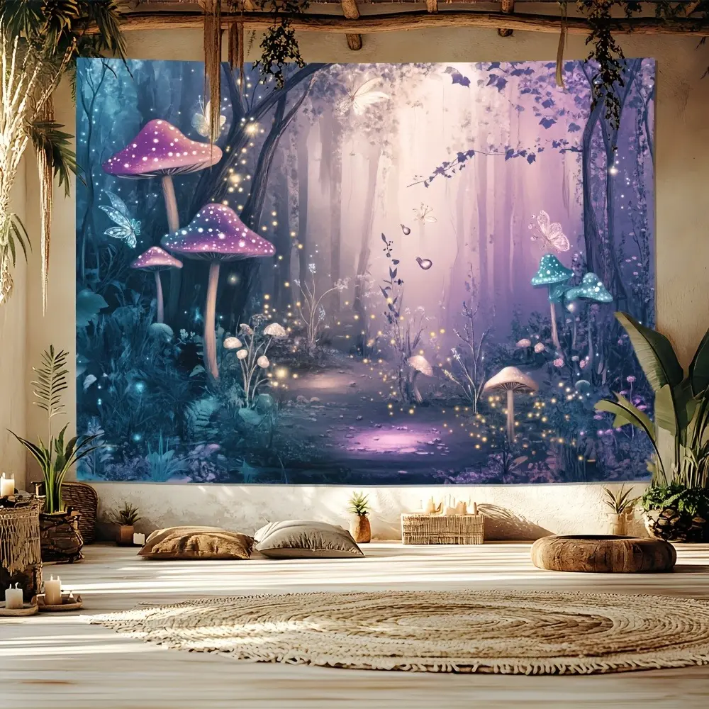 1 piece of mysterious forest tapestry - glowing mushrooms and dancing fairies, high-quality polyester fiber wall decoration, dreamy atmosphere, fairy garden layout, fantasy theme, magical decoration, suitable for festival events, home decoration