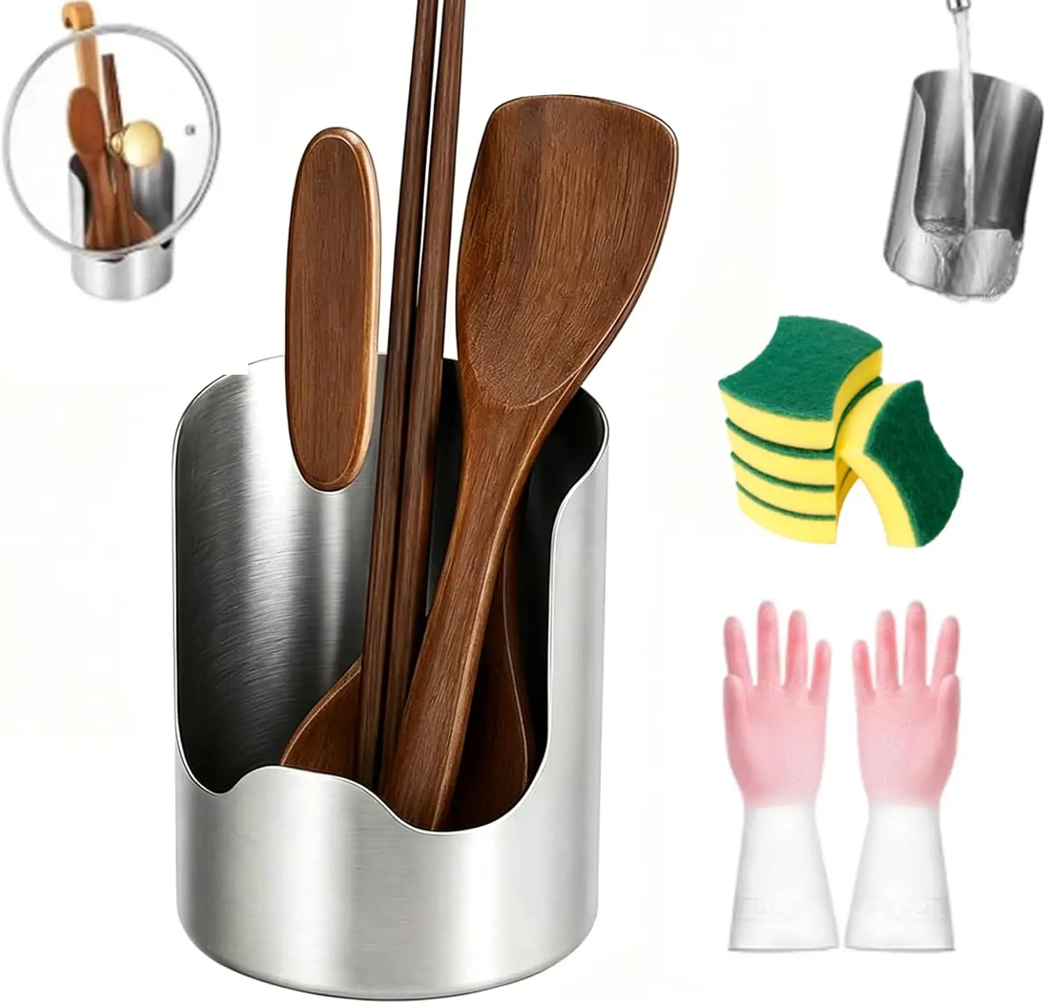 1 Pcs Thickened Stainless Steel Utensil Holder, Multiuse Kitchen Caddy | Rust-resistant stainless steel, stores spoons chopsticks pot lids cutting boards, smooth edges, easy clean kitchen caddy