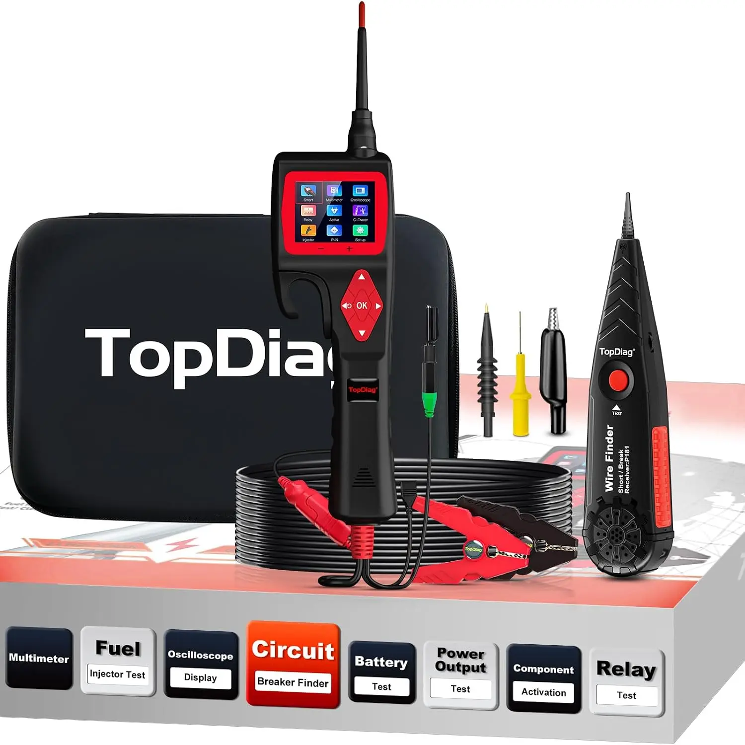 TopDiag P200 Automotive Power Circuit Probe Kit, 9~30V Electrical Circuit Tester with 2026 Online Update, Multimeter, Relay Test, Fuel Injector Tester, Component Activation, Oscilloscope Mode voltage