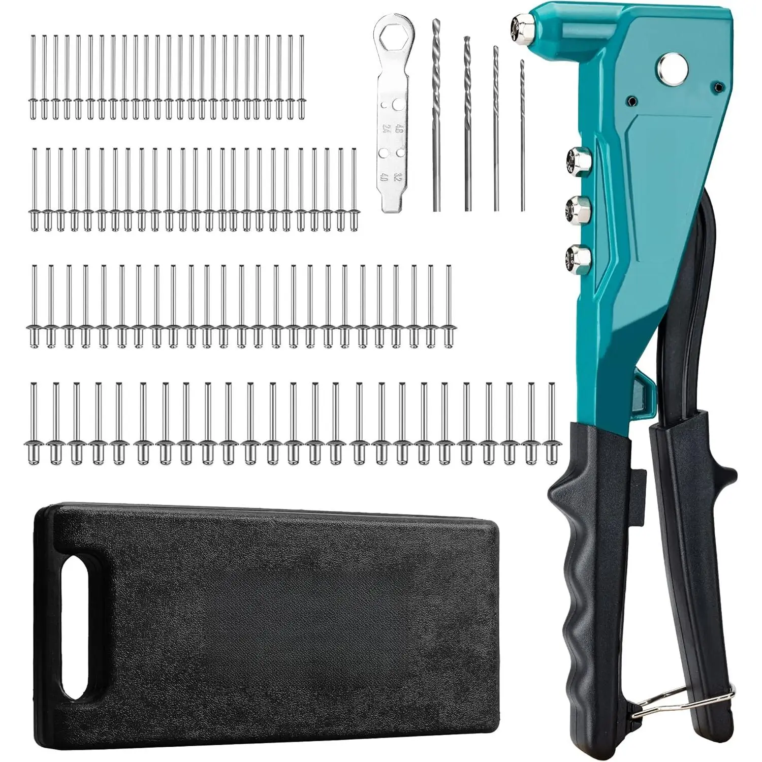 Heavy Duty Rivet Gun, Pop Rivet Gun Set, Professional Hand Riveter, Manual Riveting Tool with 110Pcs Rivets and 4 Interchangeable Heads,  Metal, Wood and Plastic