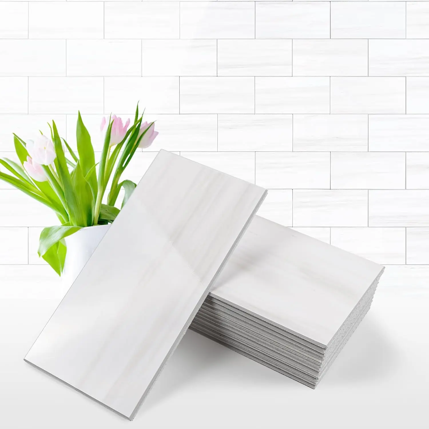 Vamos Tile 100-Piece Glossy Wooden Marble Grain Peel and Stick Backsplash Tile,3''x6'' PVC Subway Tile with White Grout, Stick on Backsplash for Kitchen/Bathroom/Fireplace