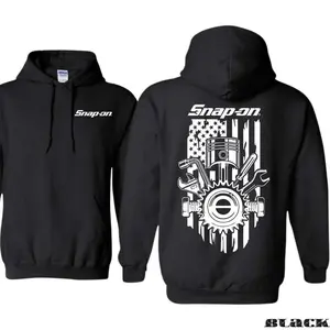 Snap-on Hoodie – Vintage Garage Pullover with American Flag & Engine Parts Graphic, Classic Snap-on Logo Workwear Hoodie, Streetwear Unisex Apparel