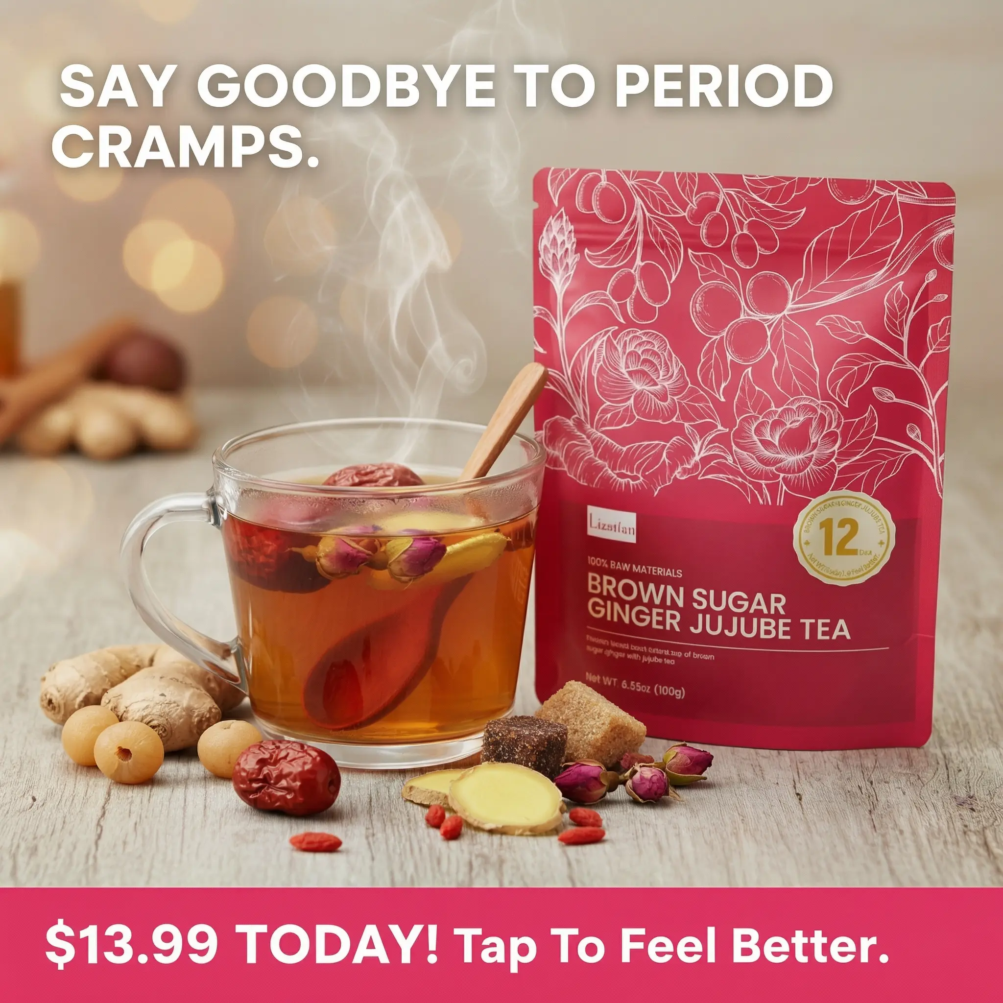 Women’s Organic Endocrine Support Herbal Beverage - 6.35oz Brown Sugar Ginger Tea Bags with Jujube, Rose - Targeted for Women