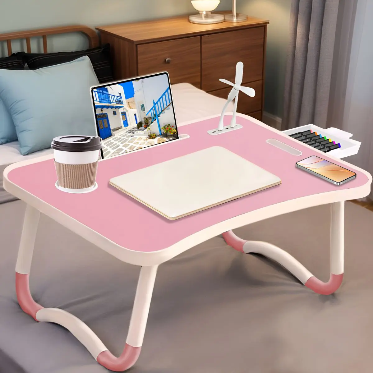 Black Portable Foldable Space-Saving Wooden Laptop Bed Table with Fan, Light, Anti-Bacterial Oversized Tilt-Adjusted Surface, Drawer, Cup Holder for Students’ Bedroom Comfortable Viewing, Kitchen Chopping Board Use