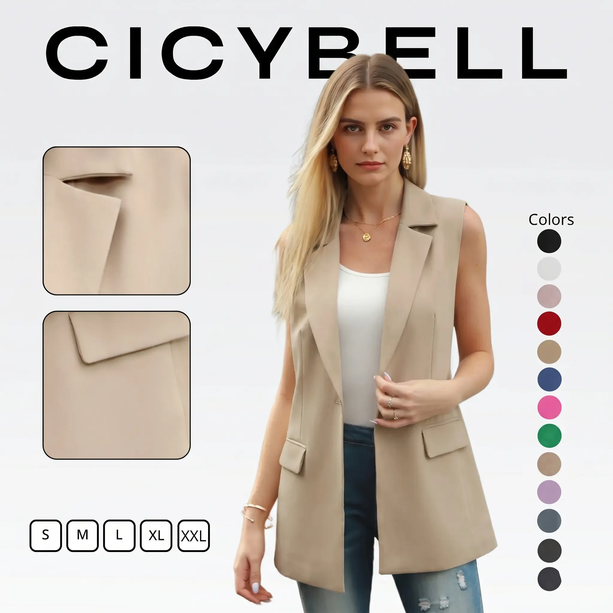 Cicy Bell  Women's Sleeveless Blazer Vest Casual Open Front Single Button Summer Jacket with Pockets
