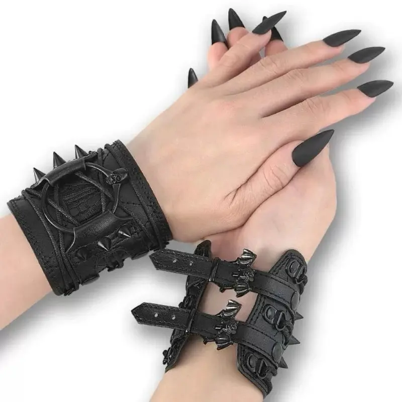 Gothic spiked PU leather wrist cuffs, bat charm adjustable wide wristband pair