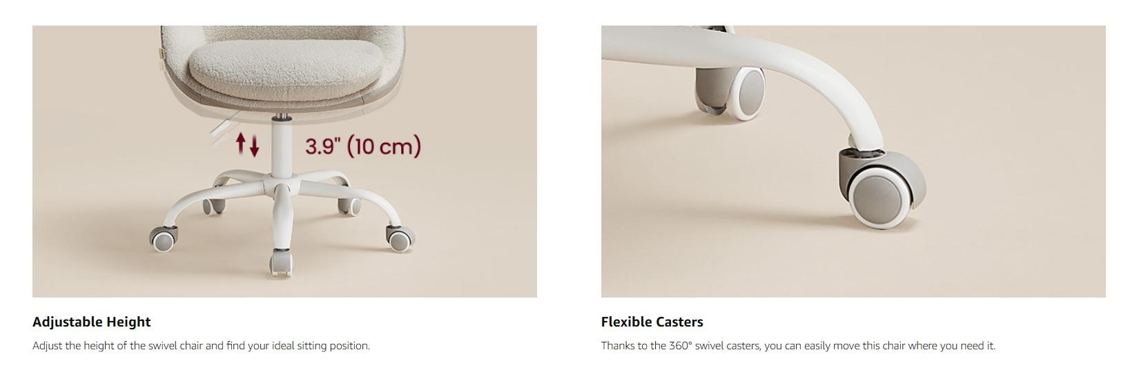 VASAGLE Vanity Chair with Back, Adjustable Swivel Cute Desk Chair with Wheels