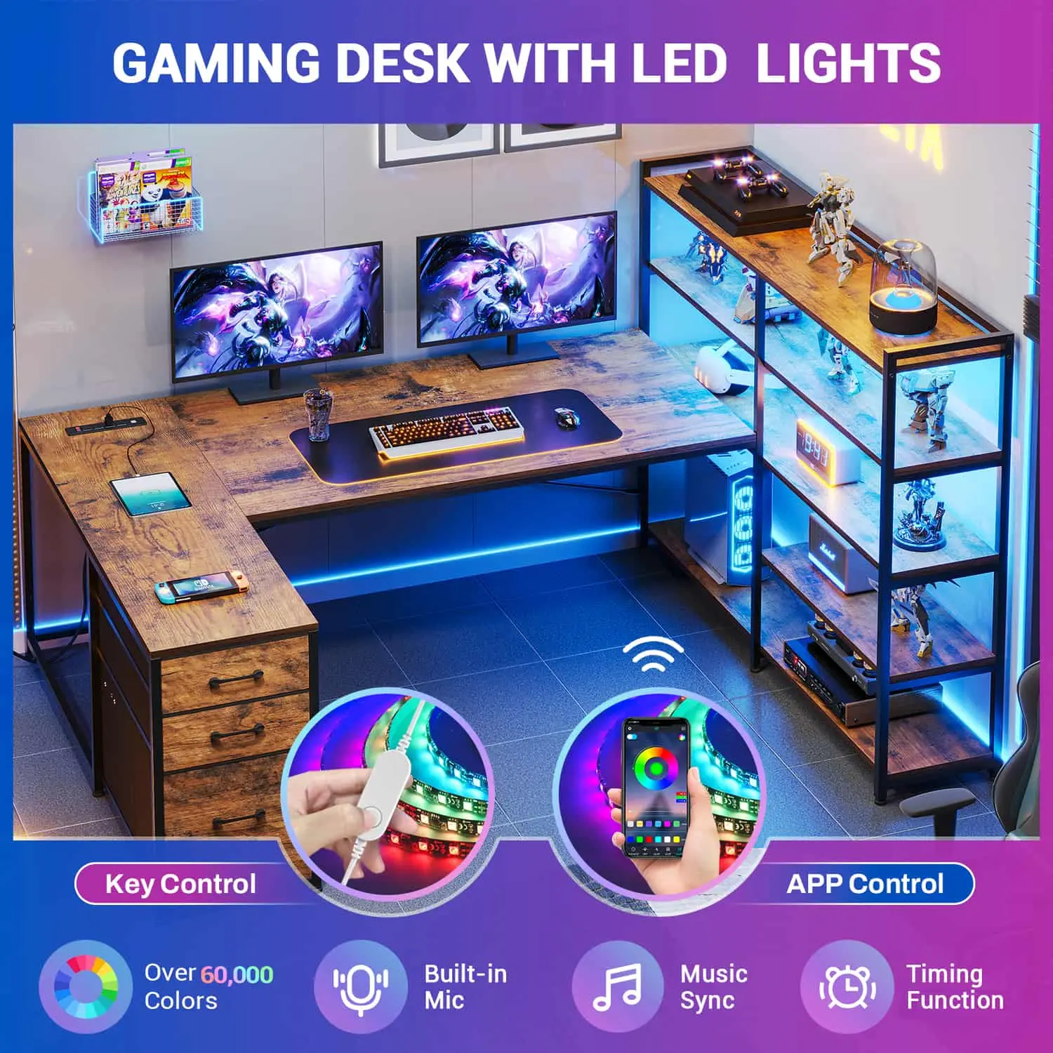 Sedeta 64.5 In L-Shaped LED Gaming Desk - Modern Wood & Metal Construction, APP-Controlled LED, Adjustable Arm, Storage, Space-Saving Home Office Desk for Bedroom, Modern Wood Desk