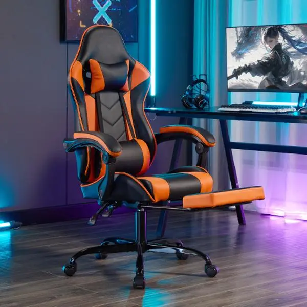 Bellemave Classic High-Back Ergonomic Gaming Chair for Gamers - Racing-Style Reclining Office Computer Chair with 360° Swivel, Adjustable Seat Height, Lumbar Support, Premium Leather, Durable Metal Frame, Footrest, Knee Angle Adjustment, Noiseless Wheels,