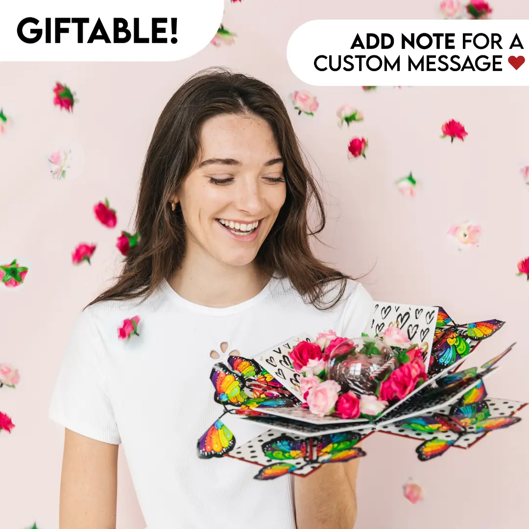 Love Explosion Box Bundle By Send A Cake - Featuring red velvet cake, faux flowers, flying butterflies & cute keepsake gift box! - The perfect gift for a loving anniversary, cherished friends & celebrations of all kinds!