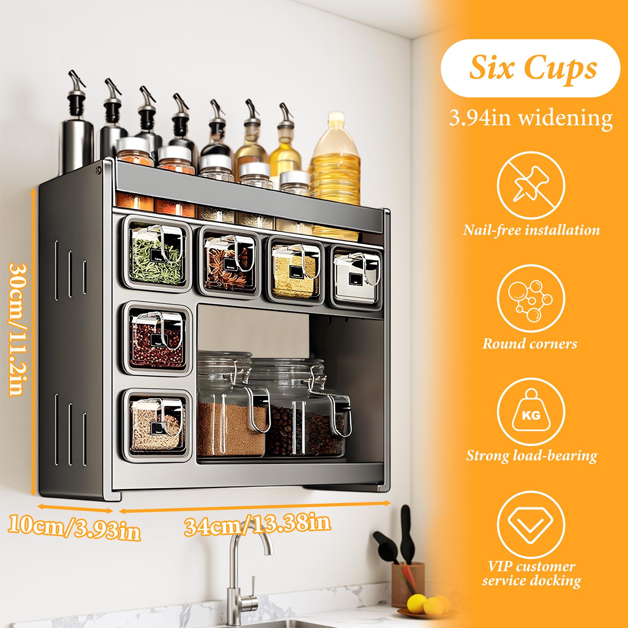 Bepatio Spice Rack Set, Space Saving 1pc Easy-Install Carbon Steel Spice Rack Set, Includes Seasoning Containers & Cans for Kitchen Organization, Spice Racks for Kitchen No Drill Needed