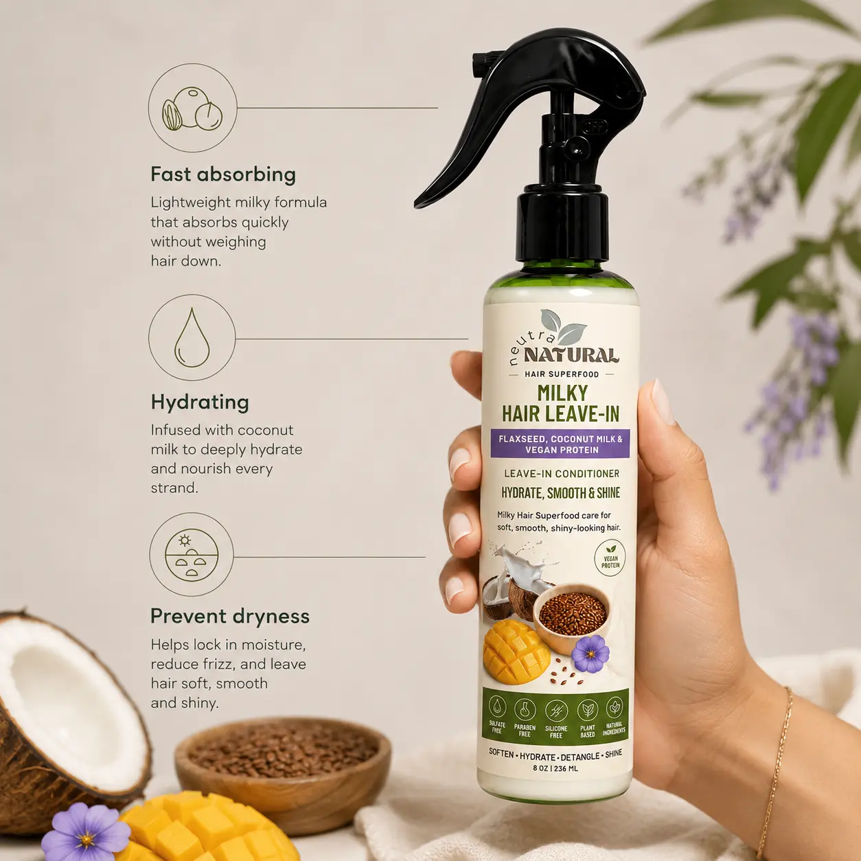 Neutra Natural Hair Superfood  Milky Leave-In Conditioner | Soft, Smooth & Shiny-Looking Hair Lightweight Haircare Coconut Silky